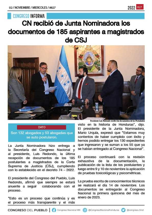 CN recibió de Junta Nominadora los documentos de 185 aspirantes a magistrados de CSJ